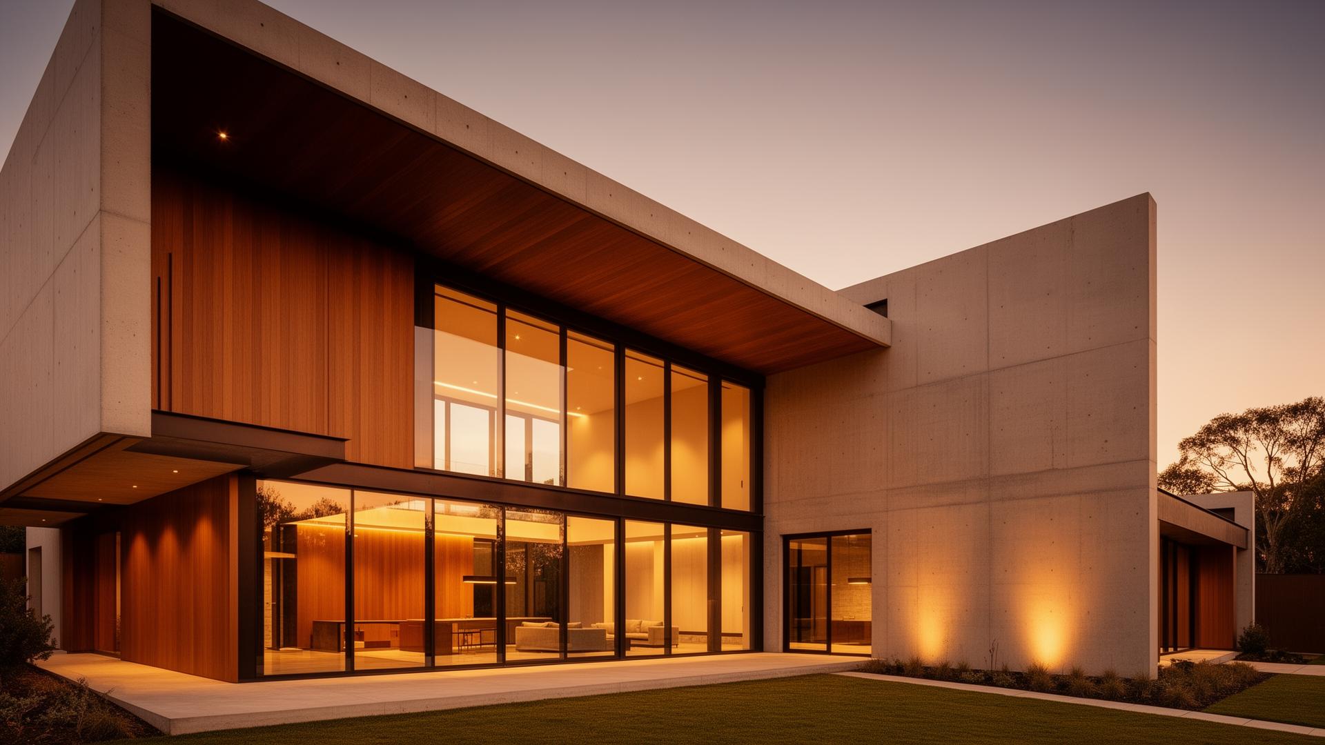 Modern luxury custom home with concrete and warm wood facade at dusk